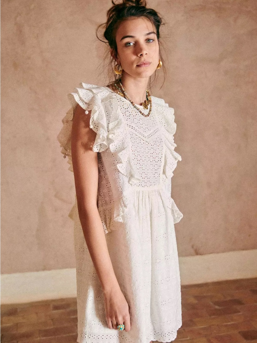 Sezane Alexandra White Ruffle Plum Dress Tie Back Size 36 (S) Eyelet Cream Mini